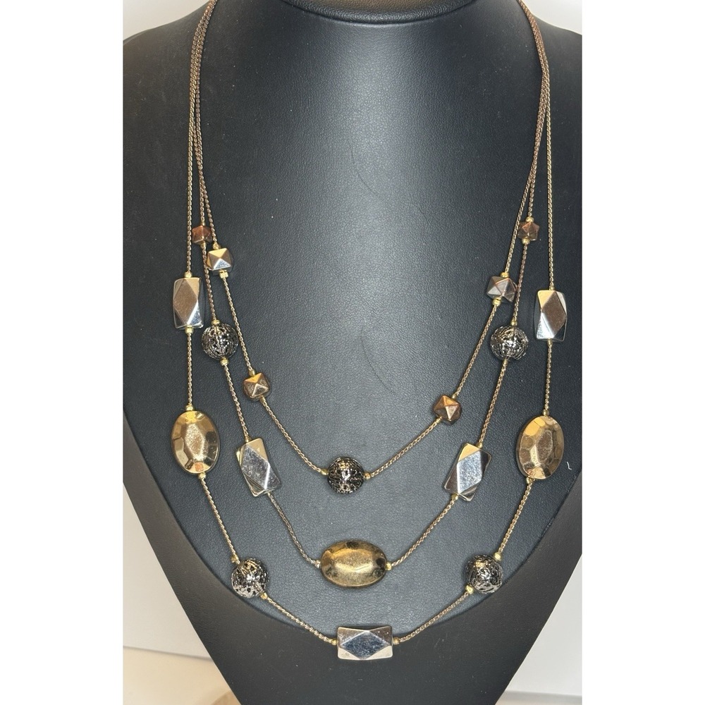 Y2K 21" Multi Strand Necklace Mixed Metal Tone Faceted Filigree Beads